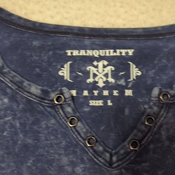 Tranquility Mayhem Mens Shirt Size L Blue Stone Wash moto rally Skull Graphic - Picture 5 of 5
